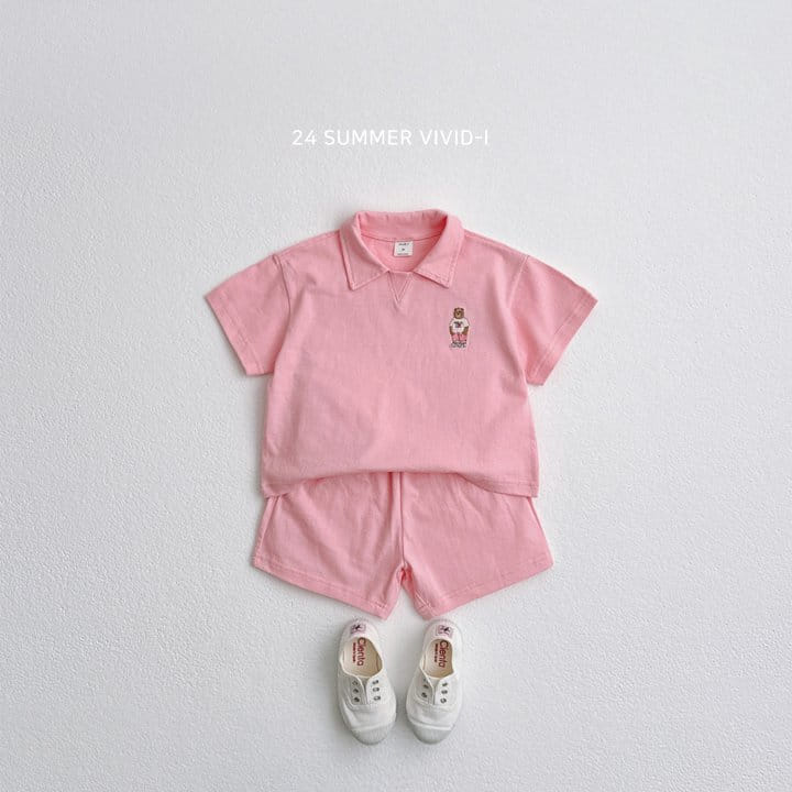 Vivid I - Korean Children Fashion - #Kfashion4kids - Summer Bear Embroidery Collar Top Bottom Set - 2