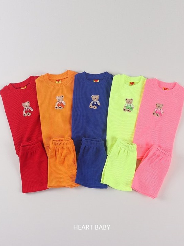 Waffle Bear Embroidery Short Sleeve Top Bottom Set