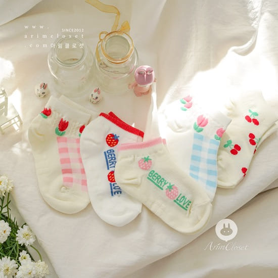 Arim Closet - Korean Children Fashion - #discoveringself - Cute Flower Cherry Strawberry Socks (5ea 1set)