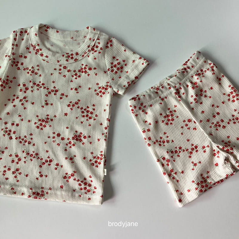 Brody Jane - Korean Children Fashion - #kidzfashiontrend - Red Flower Short Sleeve Top Bottom Set - 4