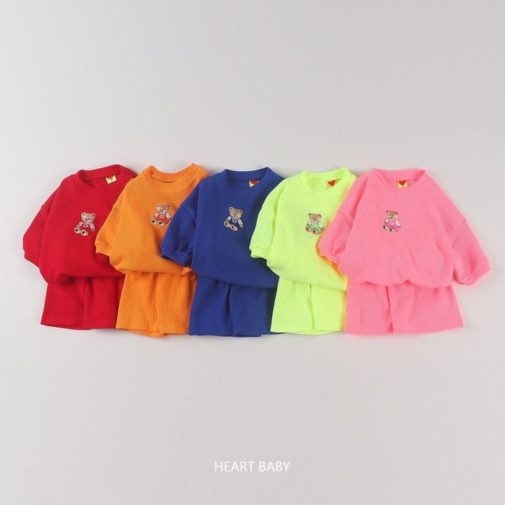 Heart Baby - Korean Children Fashion - #childofig - Waffle Bear Embroidery Short Sleeve Top Bottom Set - 5