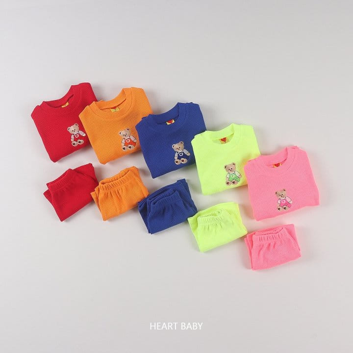 Heart Baby - Korean Children Fashion - #childrensboutique - Waffle Bear Embroidery Short Sleeve Top Bottom Set - 6