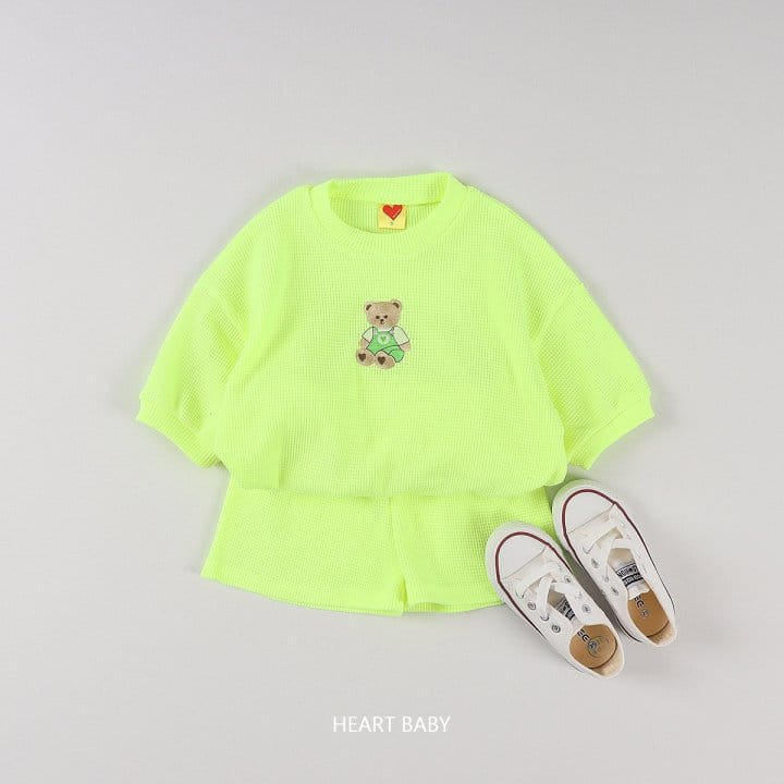 Heart Baby - Korean Children Fashion - #designkidswear - Waffle Bear Embroidery Short Sleeve Top Bottom Set - 7