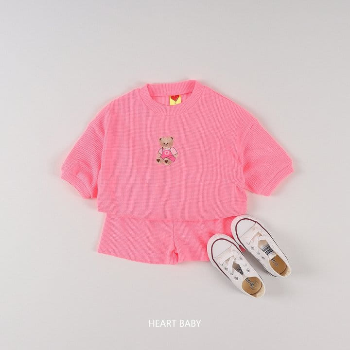 Heart Baby - Korean Children Fashion - #fashionkids - Waffle Bear Embroidery Short Sleeve Top Bottom Set - 9