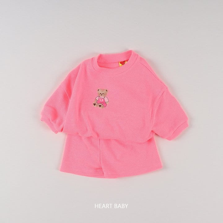 Heart Baby - Korean Children Fashion - #kidsshorts - Waffle Bear Embroidery Short Sleeve Top Bottom Set - 10