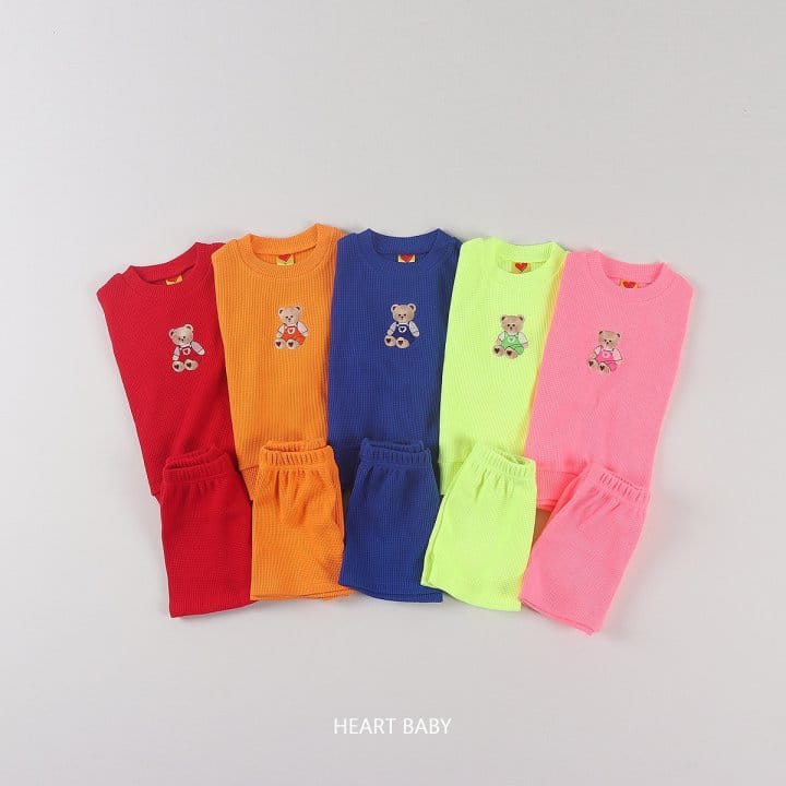 Heart Baby - Korean Children Fashion - #magicofchildhood - Waffle Bear Embroidery Short Sleeve Top Bottom Set