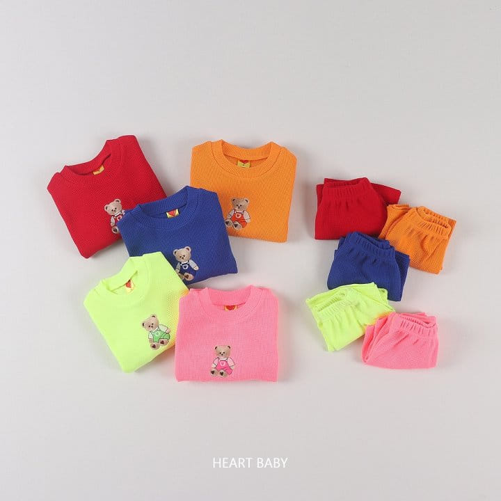 Heart Baby - Korean Children Fashion - #minifashionista - Waffle Bear Embroidery Short Sleeve Top Bottom Set - 2