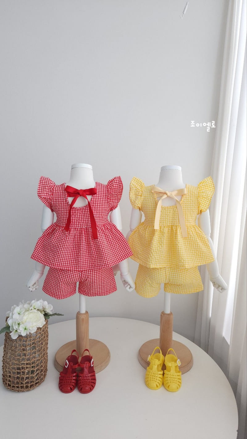 Joy ello - Korean Children Fashion - #childrensboutique - Check Butterfly Top Bottom Set - 4