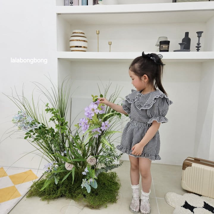 Lalabongbong - Korean Children Fashion - #minifashionista - Check Collar Top Bottom Set - 3