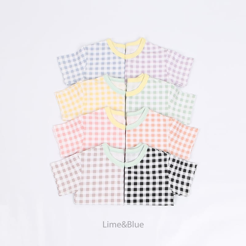 Lime & Blue - Korean Children Fashion - #Kfashion4kids - Adult Summer Check Check Top Bottom Set - 2