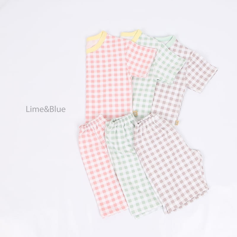 Lime & Blue - Korean Children Fashion - #littlefashionista - Adult Summer Check Check Top Bottom Set - 3