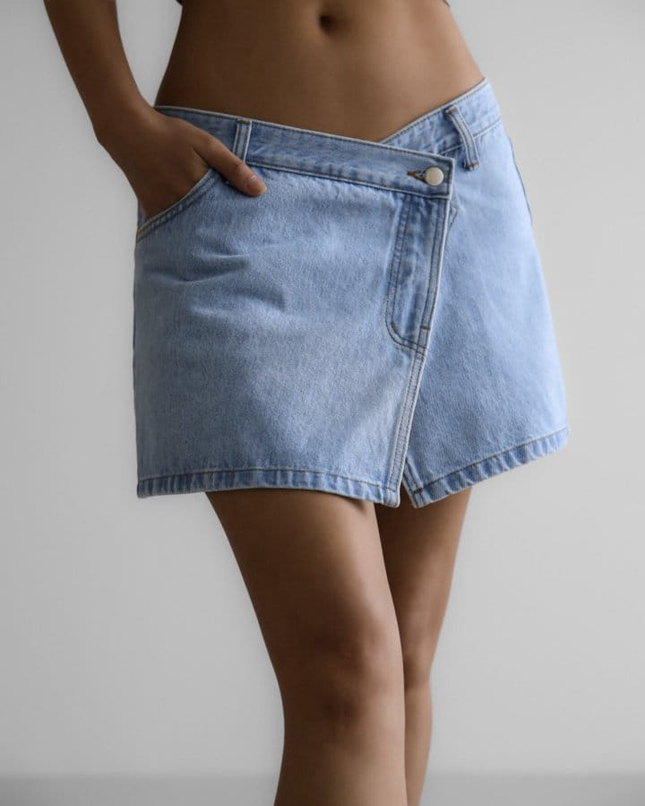 Paper Moon - Korean Women Fashion - #momslook - Washed Blue Denim Zipped Up Wrap Mini Skirt