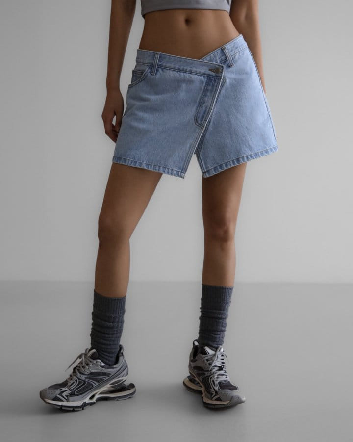 Paper Moon - Korean Women Fashion - #momslook - Washed Blue Denim Zipped Up Wrap Mini Skirt - 5