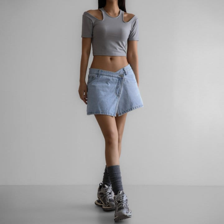 Paper Moon - Korean Women Fashion - #momslook - Washed Blue Denim Zipped Up Wrap Mini Skirt - 7