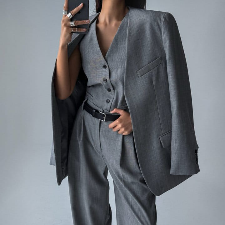 Paper Moon - Korean Women Fashion - #momslook - Sharkskin Fabric Collarless Oversized Set Up Blazer - 9