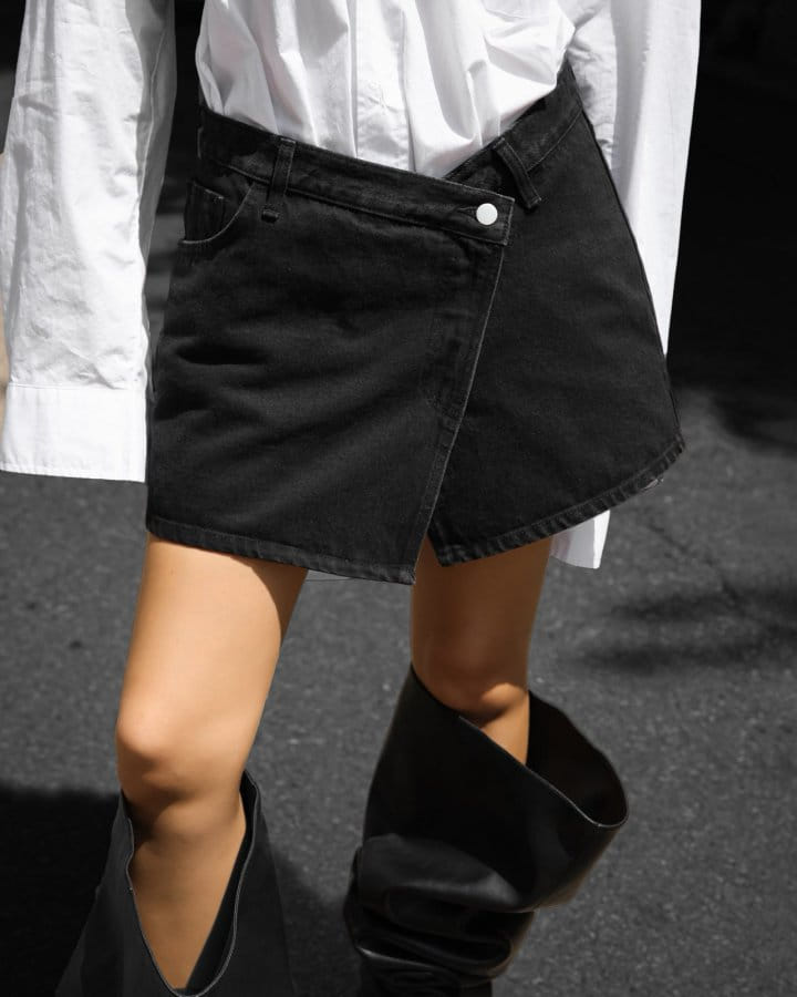 Paper Moon - Korean Women Fashion - #restrostyle - Washed Black Denim Zipped Up Wrap Mini Skirt  - 7