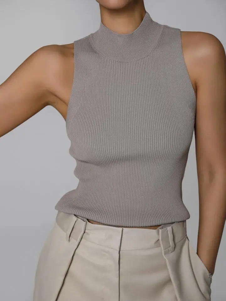 Paper Moon - Korean Women Fashion - #restrostyle - High Neck Ribbed Sleeveless Cropped Knit Top  - 4