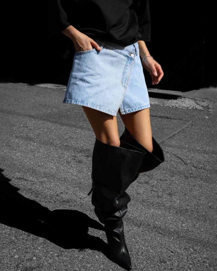 Paper Moon - Korean Women Fashion - #vintageinspired - Washed Blue Denim Zipped Up Wrap Mini Skirt