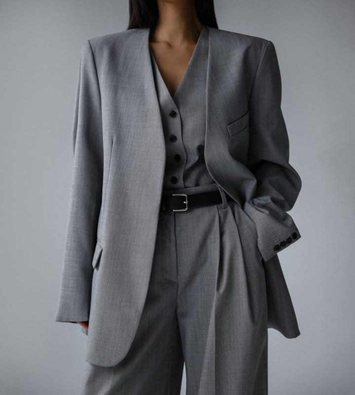 Paper Moon - Korean Women Fashion - #vintageinspired - Sharkskin Fabric Collarless Oversized Set Up Blazer