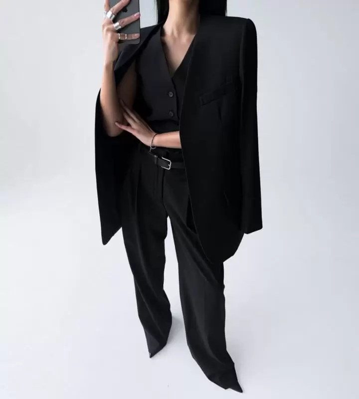 Paper Moon - Korean Women Fashion - #vintagekidsstyle - Sharkskin Fabric Tailored Set Up Vest - 8