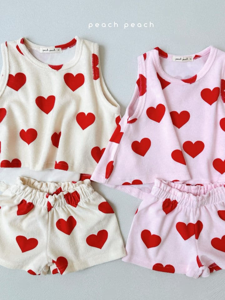 Peach peach - Korean Children Fashion - #kidsshorts - Heart Terry Top Bottom Set - 6