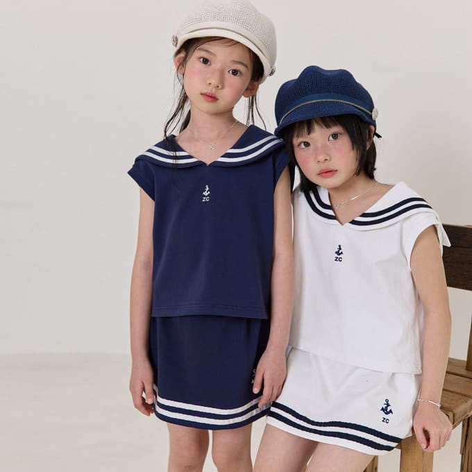 Zan Clover - Korean Children Fashion - #toddlerclothing - Sailor Skirt Top Bottom Set