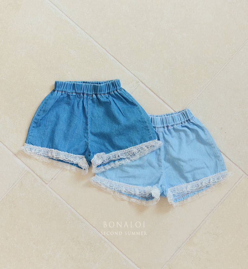 Bonaloi - Korean Children Fashion - #minifashionista - Organza Lace Denim Shorts