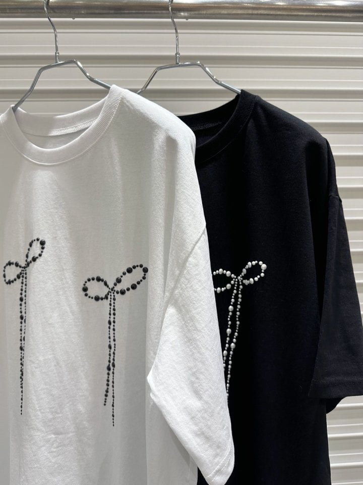 Bricklane - Korean Women Fashion - #momslook - Pearl Ribbon Tee