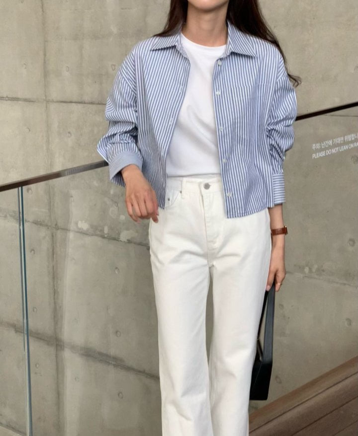 Moani - Korean Women Fashion - #momslook - French Stripe Crop Shirt   - 6