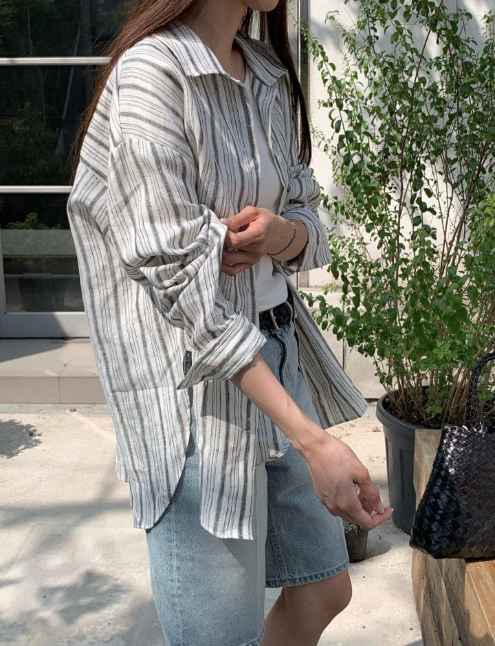 Moani - Korean Women Fashion - #pursuepretty - Linen Stripe Loose Fit Shirt  - 5