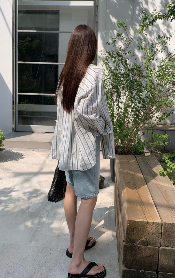 Moani - Korean Women Fashion - #vintageinspired - Linen Stripe Loose Fit Shirt  - 3