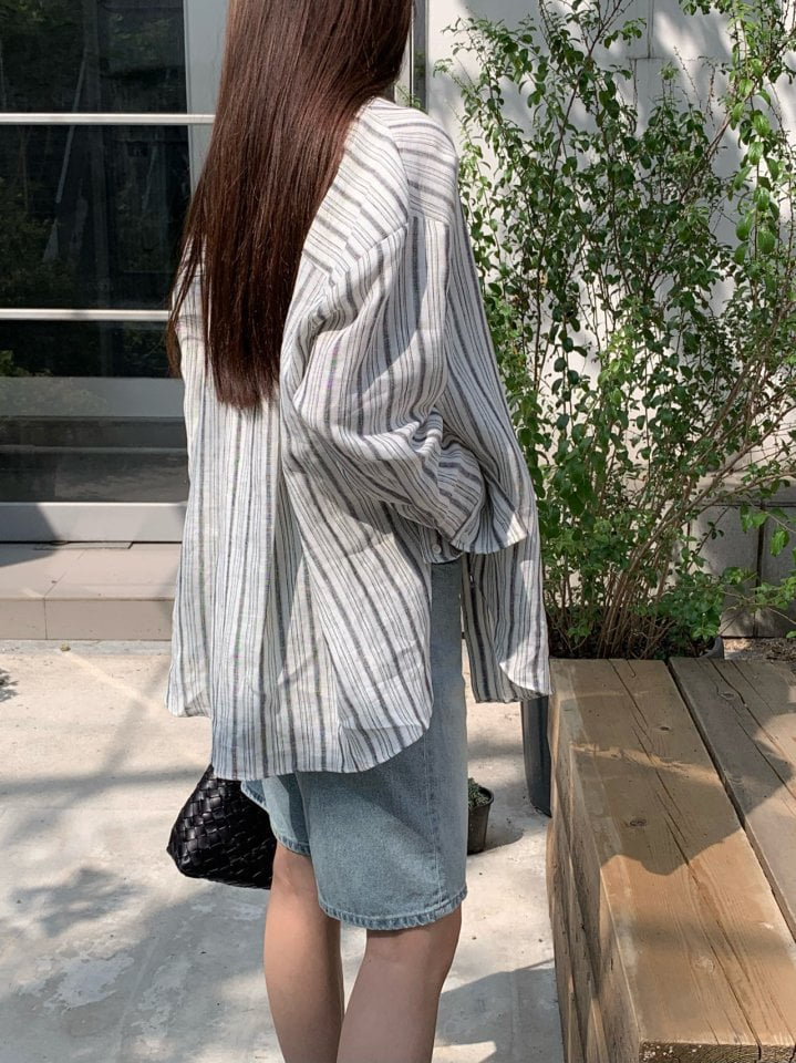 Moani - Korean Women Fashion - #vintageinspired - Linen Stripe Loose Fit Shirt  - 4