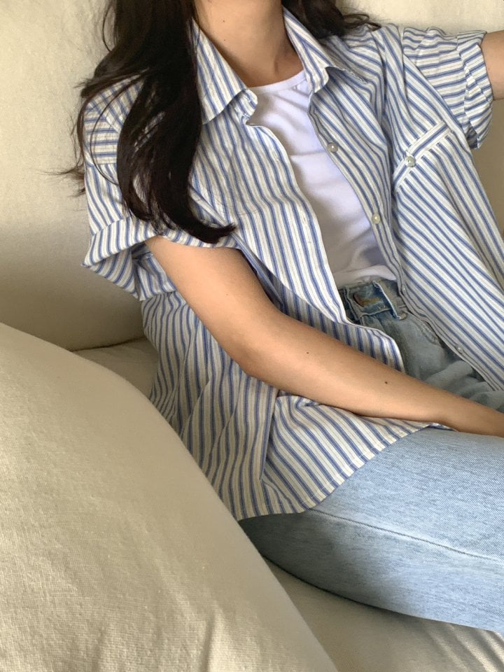 Osense - Korean Women Fashion - #momslook - Opening Stripe Half Shirt - 2