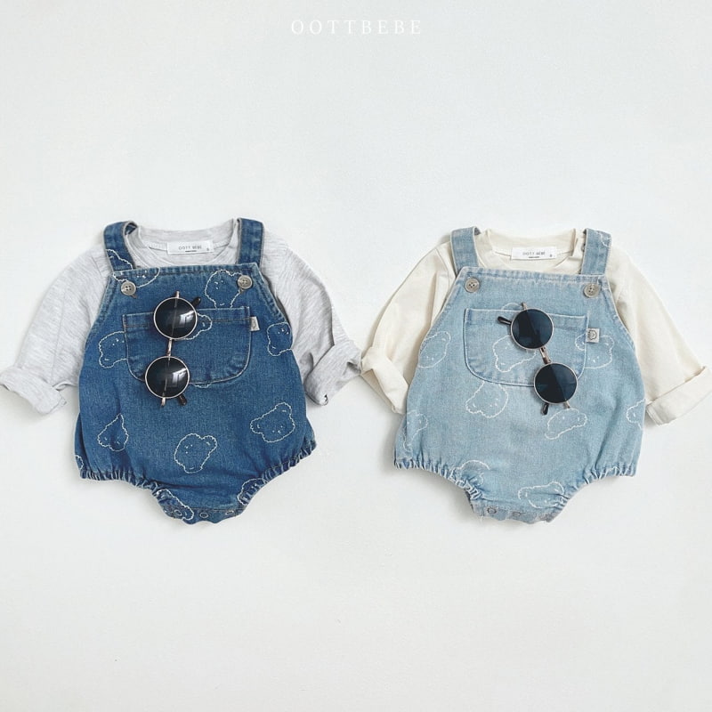 Oott Bebe - Korean Baby Fashion - #babyclothing - Bear Denim Suspender Bodysuit - 3