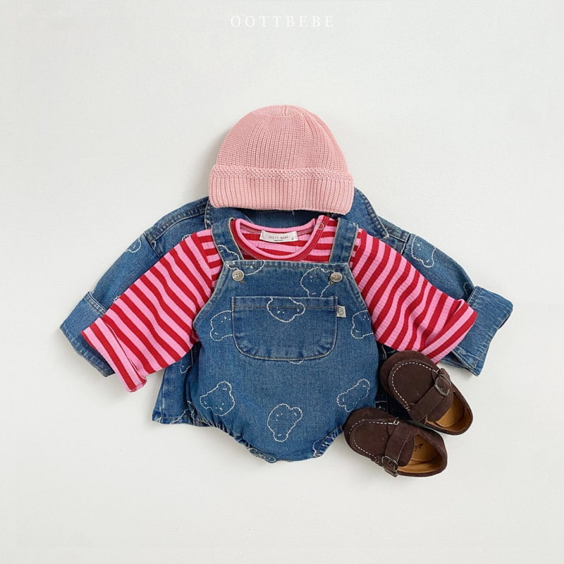 Oott Bebe - Korean Baby Fashion - #babyoutfit - Bear Denim Suspender Bodysuit - 11