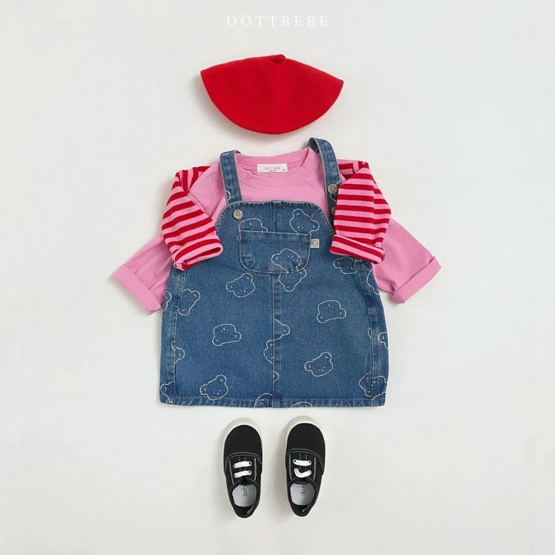 Oott Bebe - Korean Children Fashion - #fashionkids - Bear Denim Suspender One-piece - 5