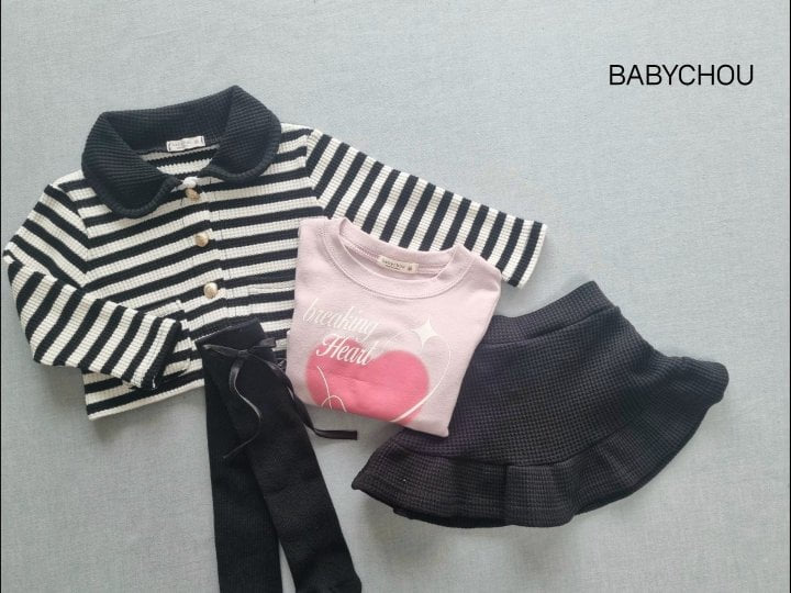 Babychou - Korean Children Fashion - #designkidswear - Stripe Cardigan Skirt Set - 12