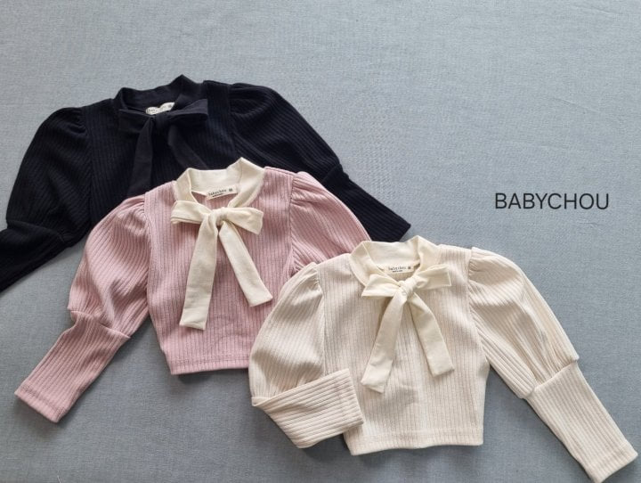 Babychou - Korean Children Fashion - #discoveringself - Ribbon Tie Puff Tee