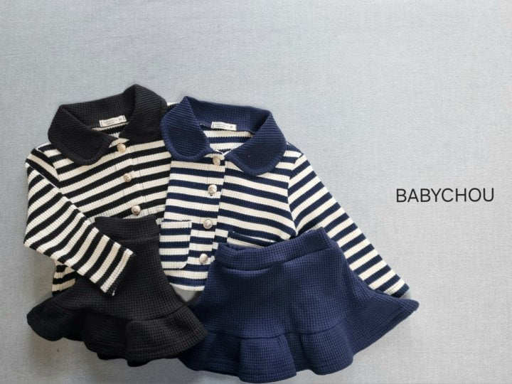 Babychou - Korean Children Fashion - #kidzfashiontrend - Stripe Cardigan Skirt Set