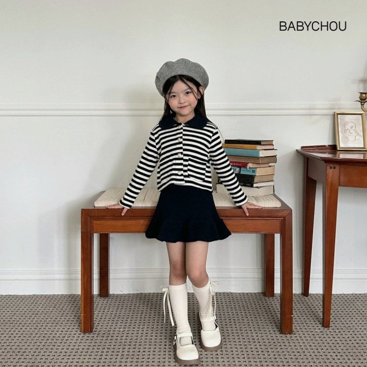 Babychou - Korean Children Fashion - #prettylittlegirls - Stripe Cardigan Skirt Set - 6