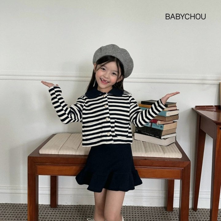 Babychou - Korean Children Fashion - #todddlerfashion - Stripe Cardigan Skirt Set - 7