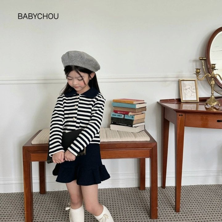 Babychou - Korean Children Fashion - #toddlerclothing - Stripe Cardigan Skirt Set - 8