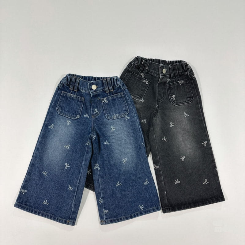 Ellymolly - Korean Children Fashion - #Kfashion4kids - Ribbon Wide Denim Pants