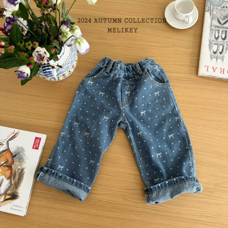 Melikey - Korean Children Fashion - #fashionkids - Ribbon Dot Denim Pants - 4