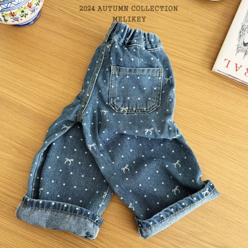 Melikey - Korean Children Fashion - #kidsstore - Ribbon Dot Denim Pants - 5