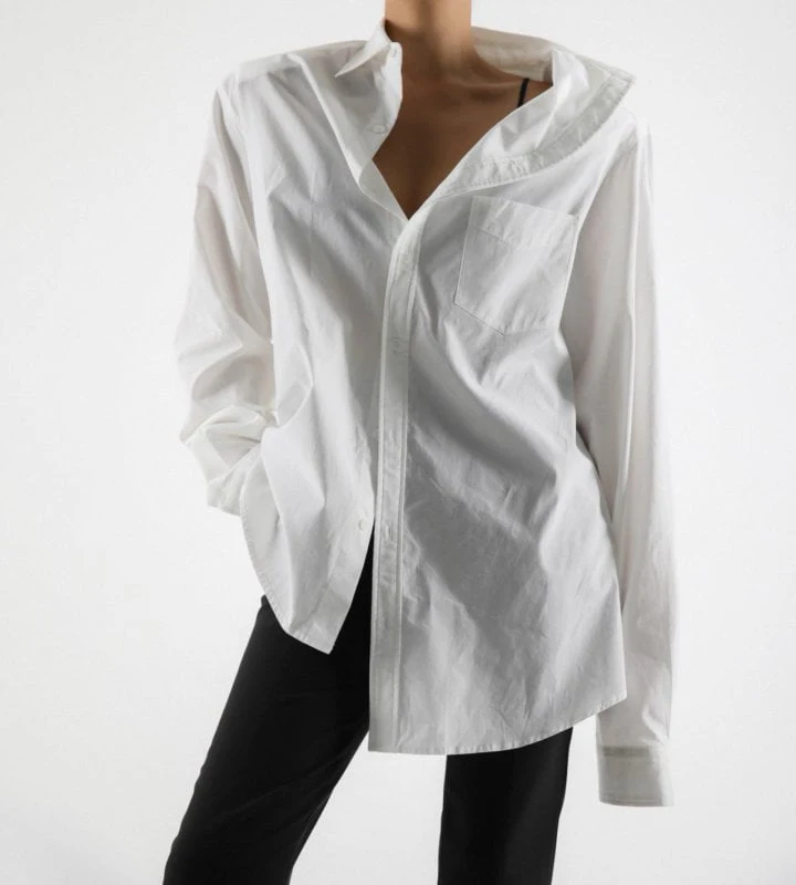 Paper Moon - Korean Women Fashion - #momslook - Unbalanced Collar Poplin Button Down Shirt