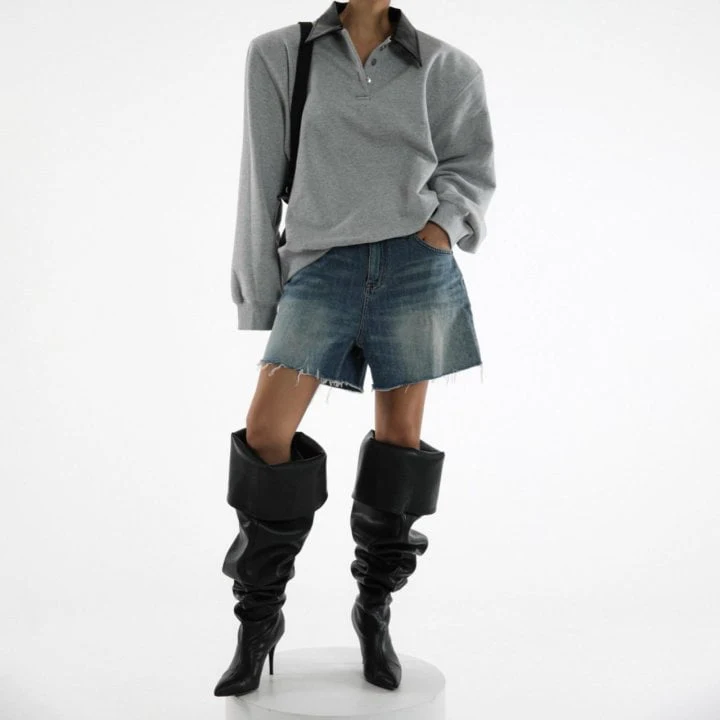 Paper Moon - Korean Women Fashion - #momslook - Leather Collar Point Oversized Sweatshirts