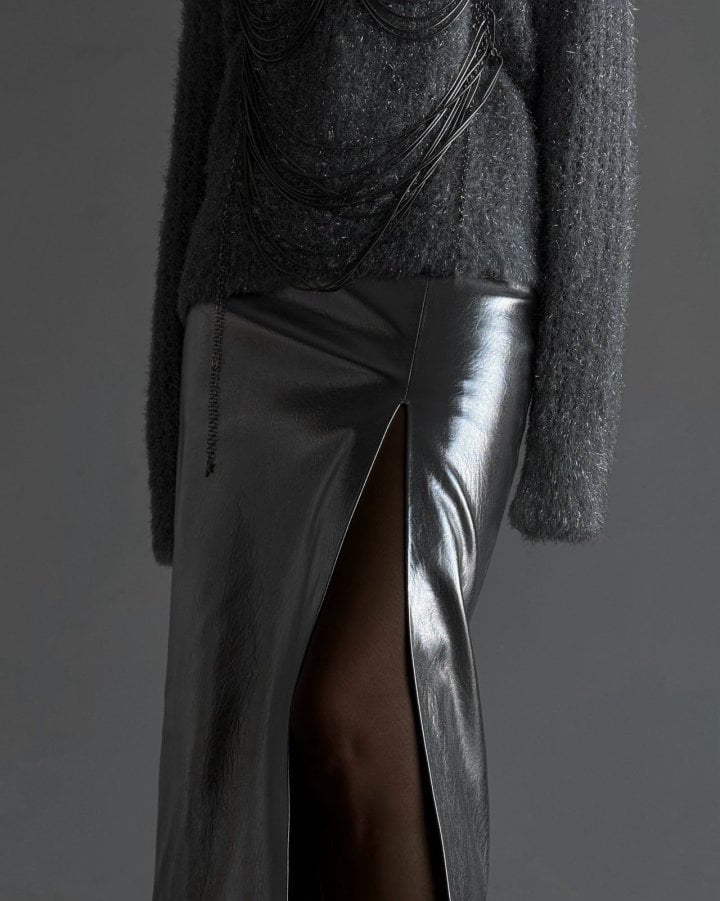 Paper Moon - Korean Women Fashion - #momslook - Metallic Leather Slit Skirt