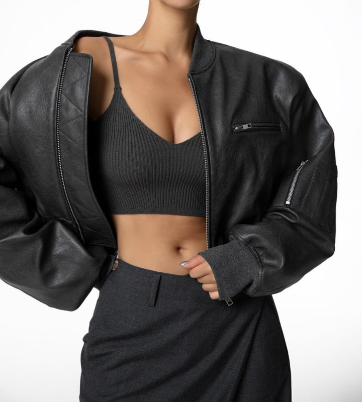 Paper Moon - Korean Women Fashion - #momslook - Vegan Leather Crop Full Up Bomber Jacket - 3