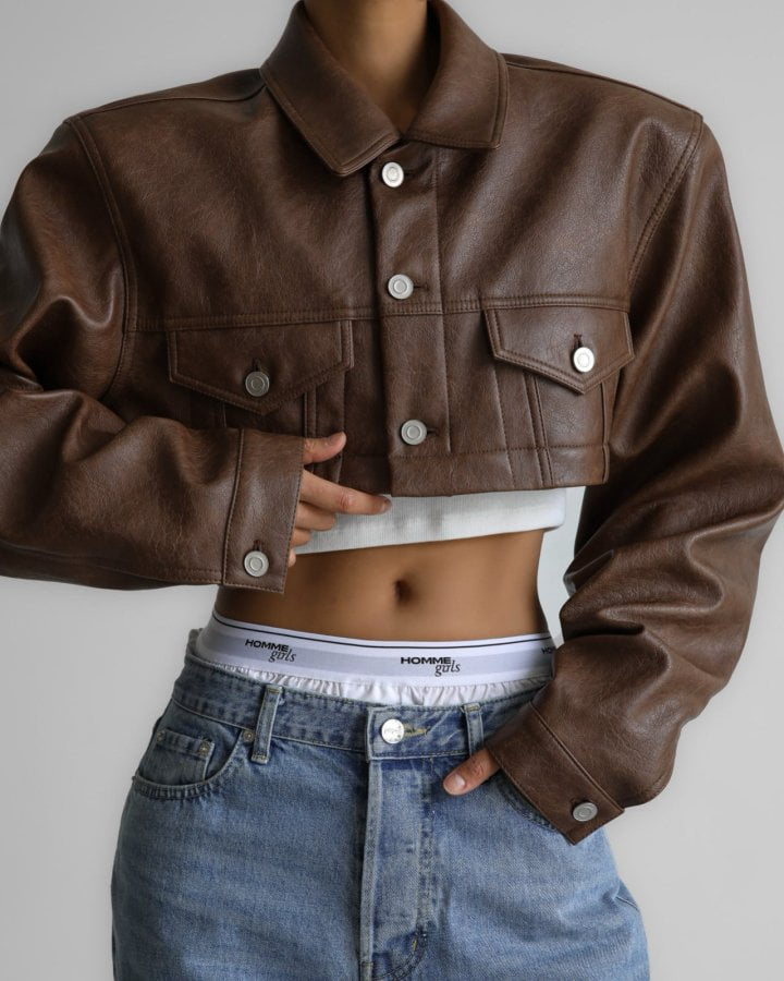 Paper Moon - Korean Women Fashion - #momslook - Vegan Leather Mix Trucker Jacket